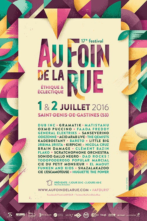Affiche de promotion pour Au Foin De La Rue , Le festival éthique et éclectique. Il a lieu chaque été à Saint Denis de Gastines (Mayenne).